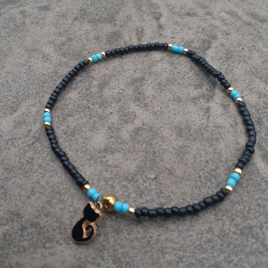 Black Cat Magic Stretch Style Anklet in Black Czech Seed Beads and Bands of Contrasting Blue and Cat Charm