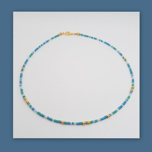 Blue and Gold Miyuki Glass Seed Bead Thin Minimalist style Short Necklace 16 inches