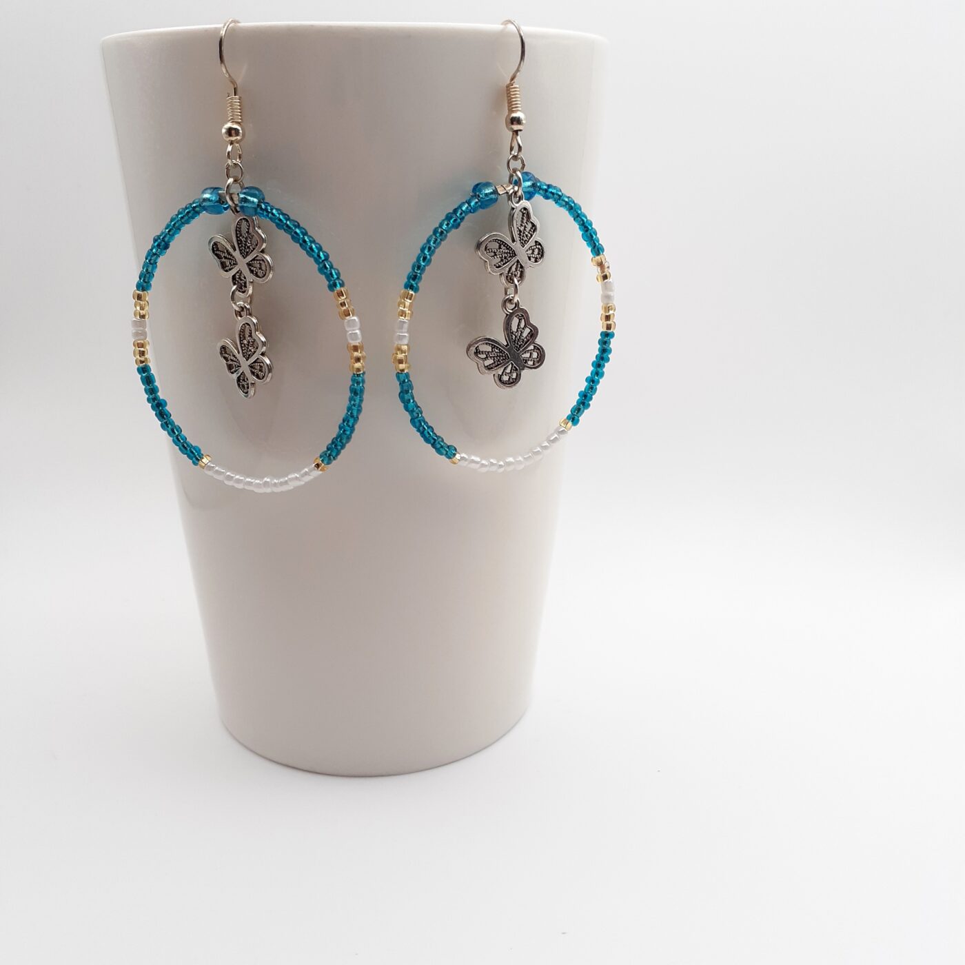 Blue and White Seed Bead Hoop Earrings with 2 Tiny Butterfly Charms in each Hoop