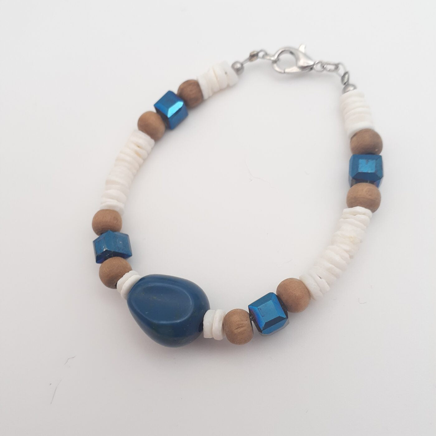 Blue Bead and Glistening Cube Glass Crystal Beads with White Heishi Beads and Natural Wood Beaded Bracelet