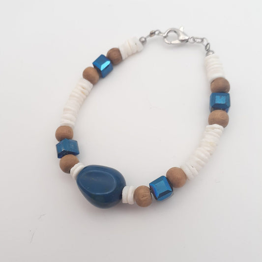 Blue Bead and Glistening Cube Glass Crystal Beads with White Heishi Beads and Natural Wood Beaded Bracelet