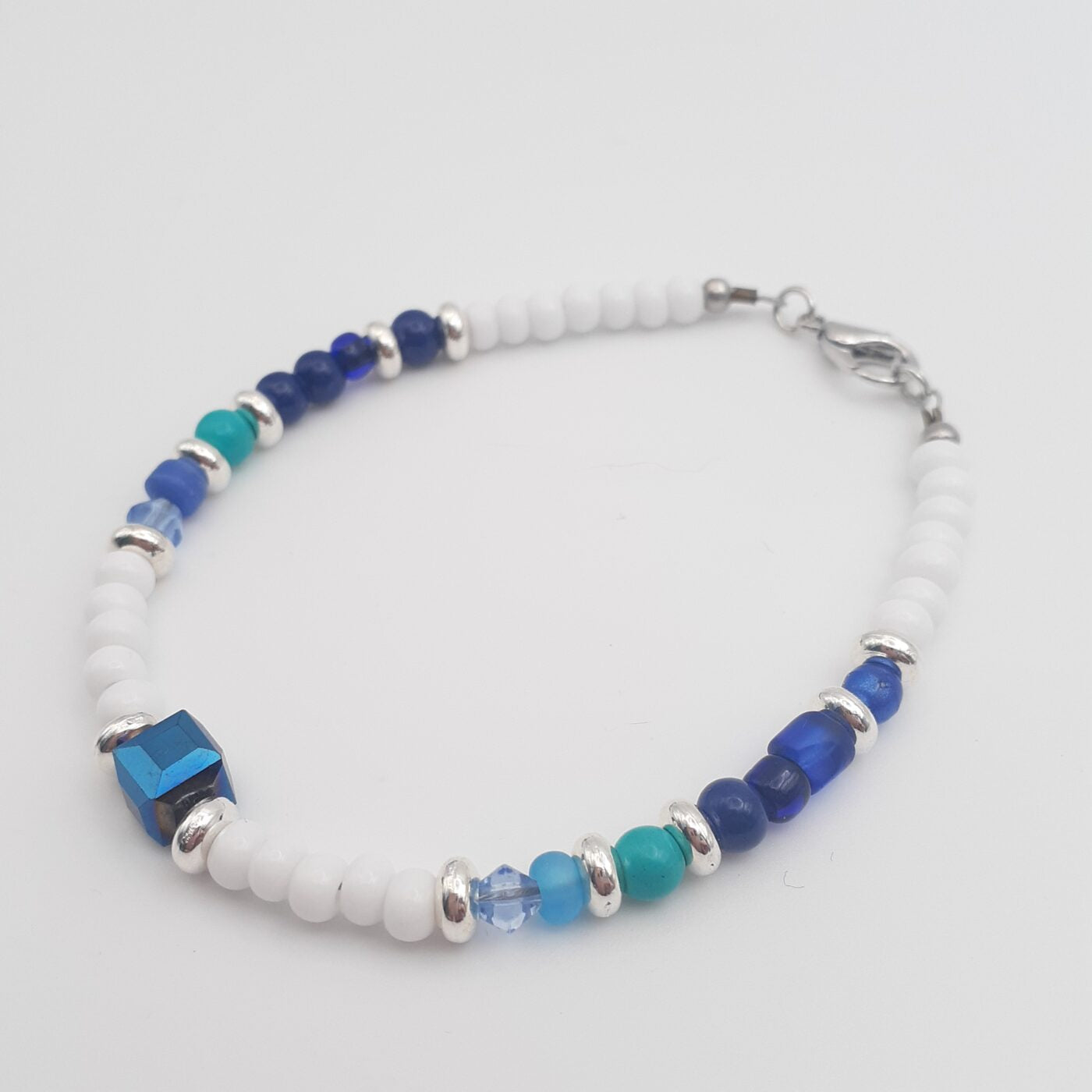 Blues and White Beaded Bracelet with Silver