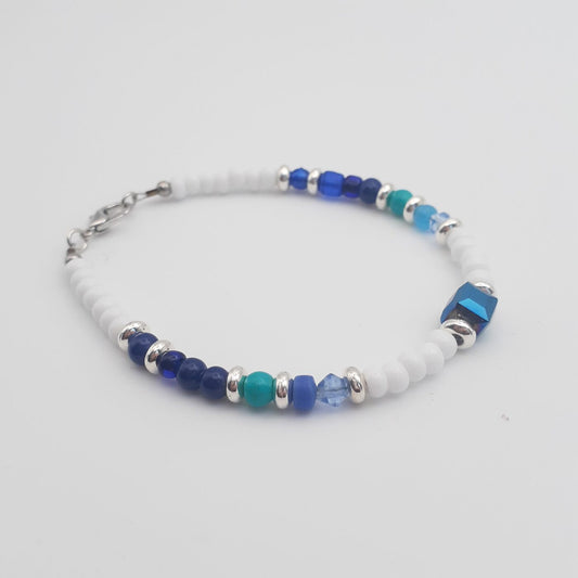 Blues and White Beaded Bracelet with Silver