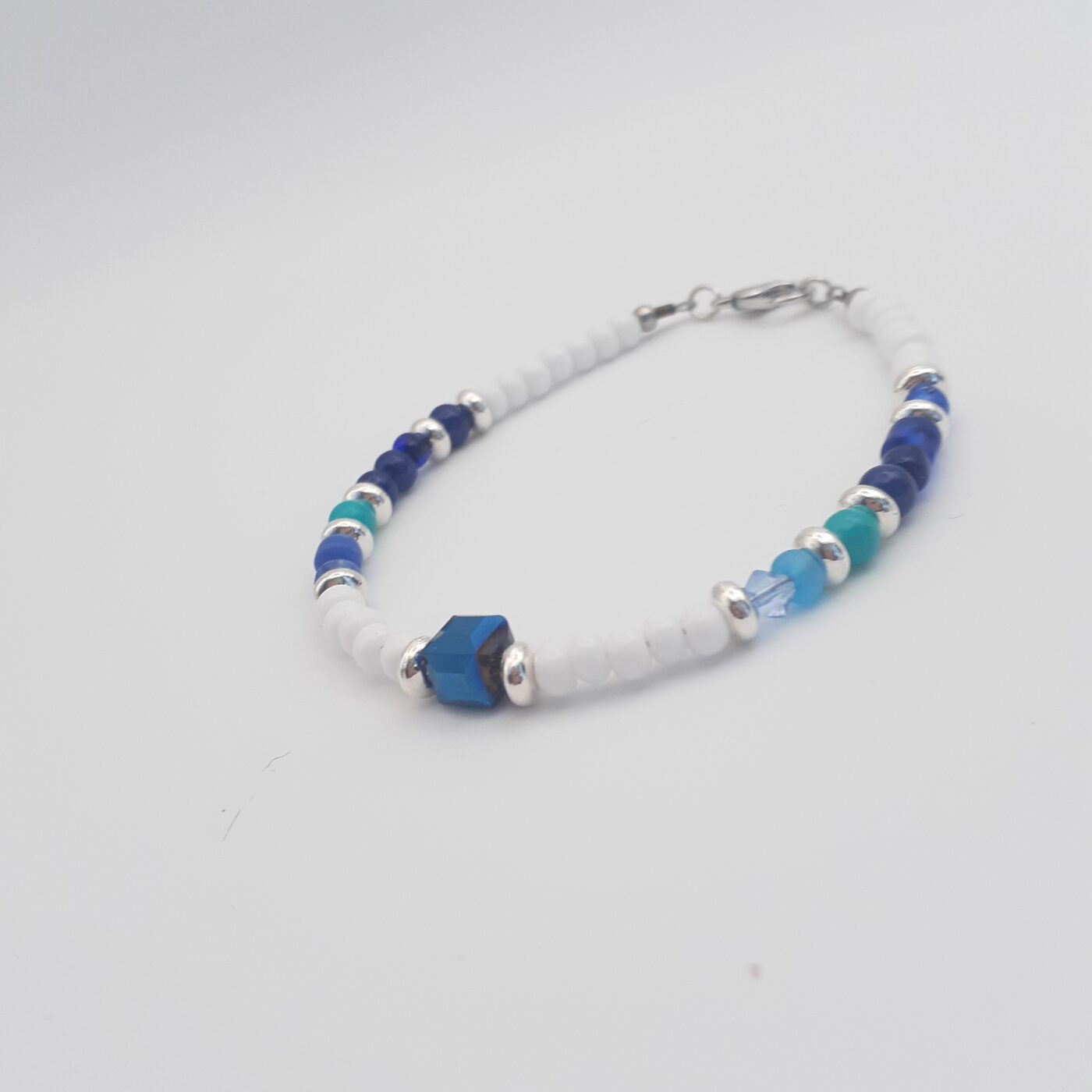 Blues and White Beaded Bracelet with Silver