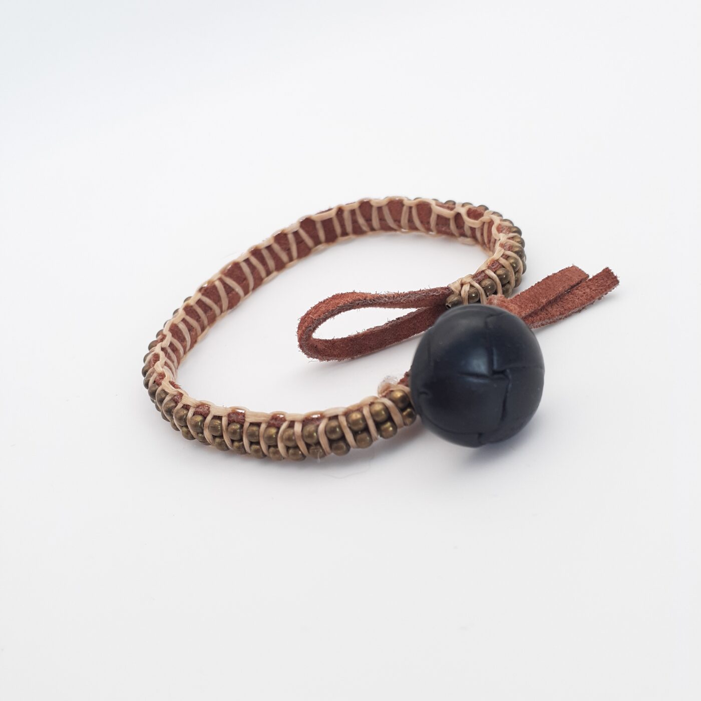 Brown suede leather bracelet with bronze ball chain and button closure
