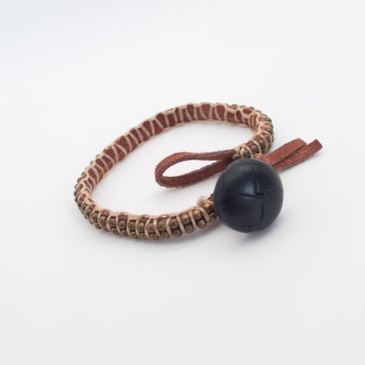 Brown suede leather bracelet with bronze ball chain and button closure