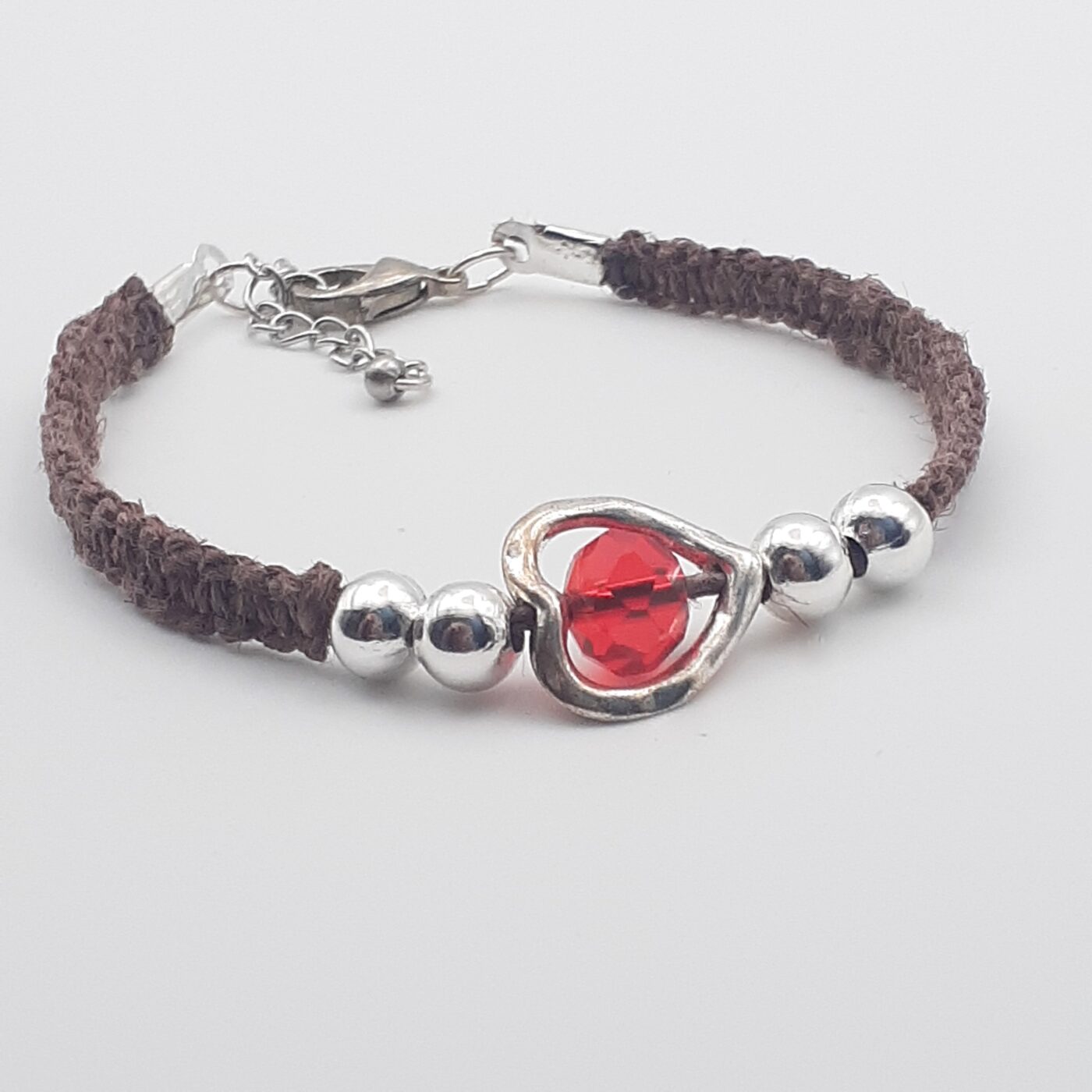 Brown Thin Macrame Hemp Bracelet with a Metal Heart Shaped Charm with Red Faceted Crystal Focal bead