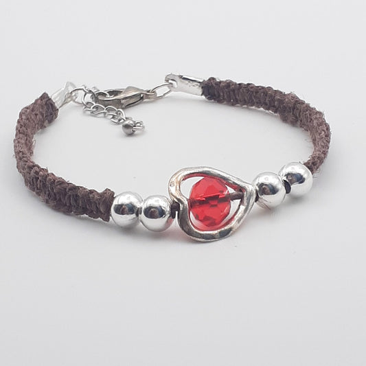 Brown Thin Macrame Hemp Bracelet with a Metal Heart Shaped Charm with Red Faceted Crystal Focal bead