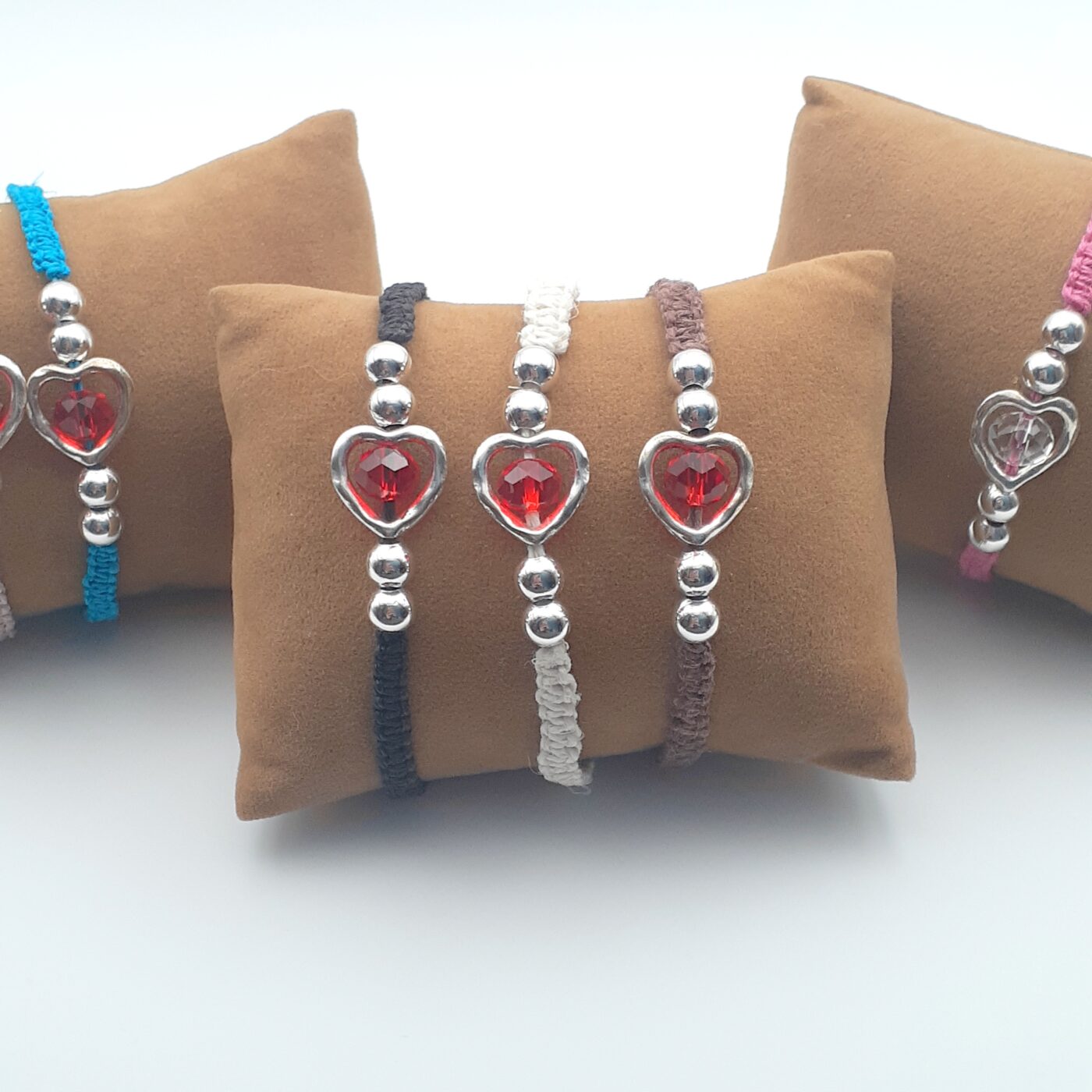 Brown Thin Macrame Hemp Bracelet with a Metal Heart Shaped Charm with Red Faceted Crystal Focal bead