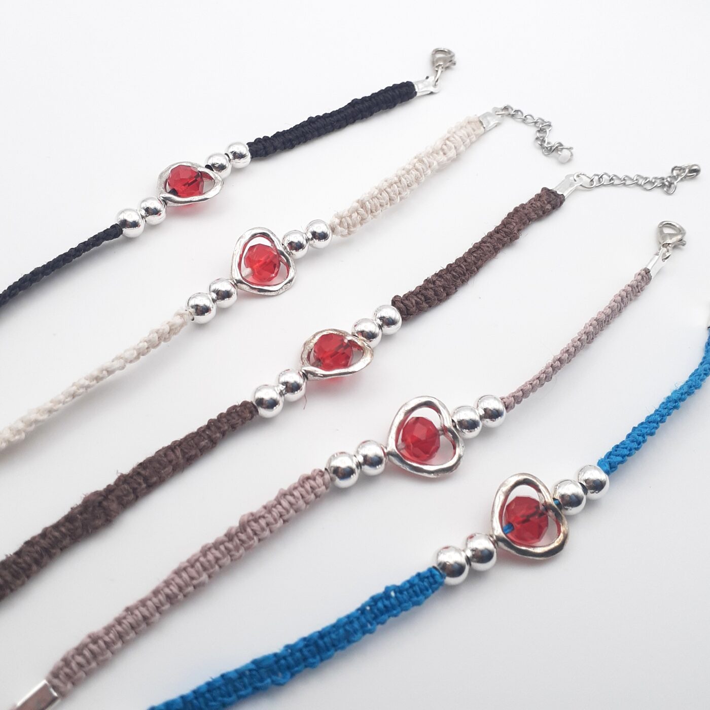 Brown Thin Macrame Hemp Bracelet with a Metal Heart Shaped Charm with Red Faceted Crystal Focal bead