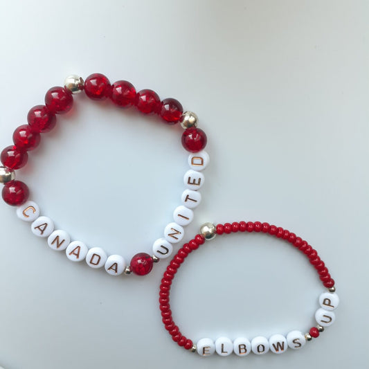 Canada United and Elbows Up Alpha Letter Beaded Red and White Stretch Bracelets Set of 2