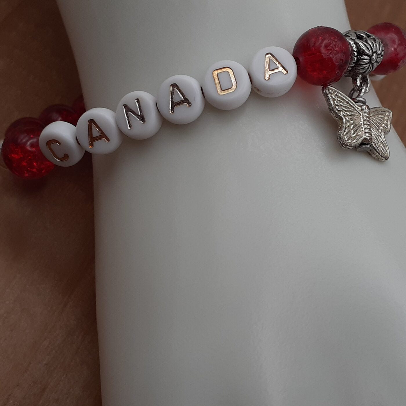 Canada United and Elbows Up Alpha Letter Beaded Red and White Stretch Bracelets Set of 2