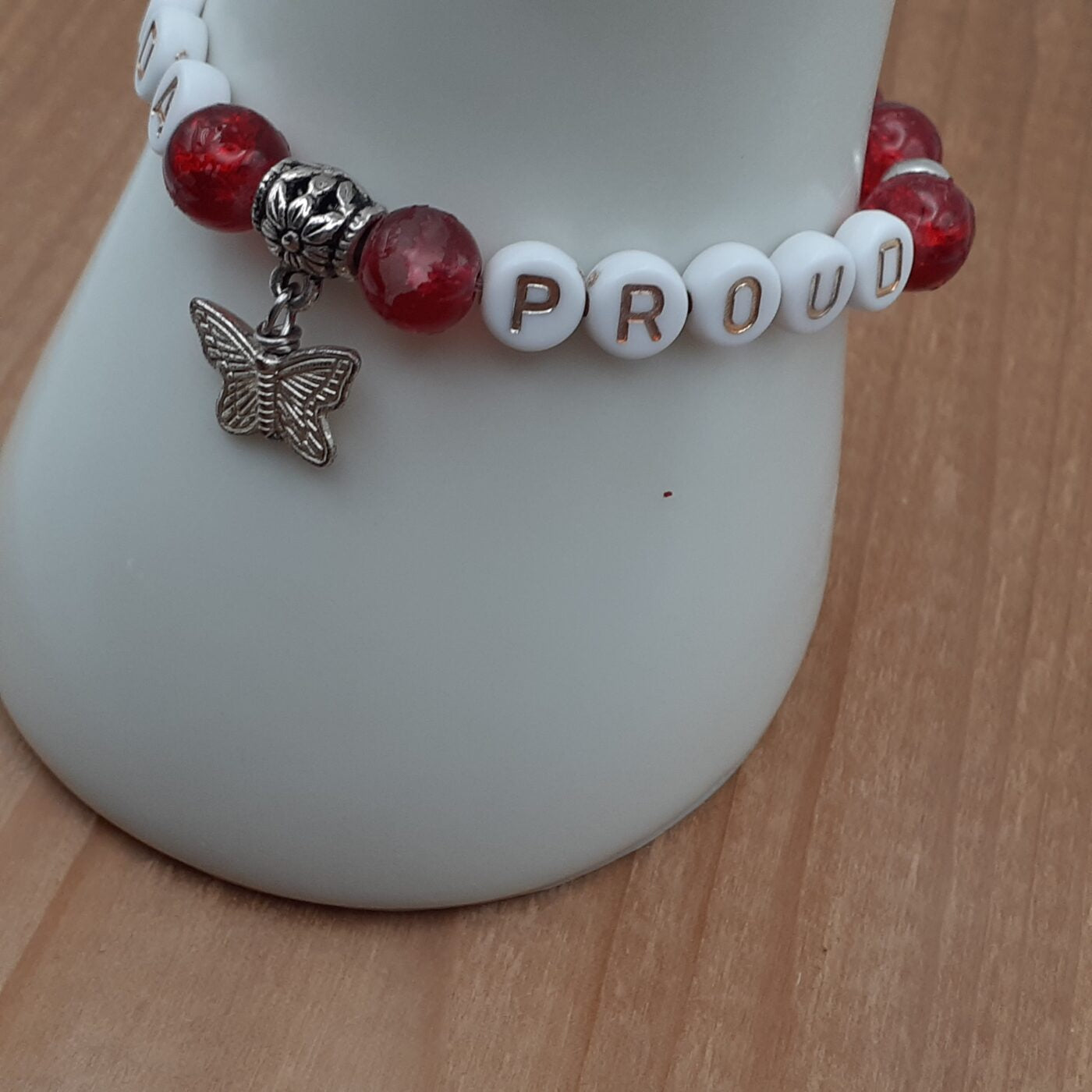 Canada United and Elbows Up Alpha Letter Beaded Red and White Stretch Bracelets Set of 2