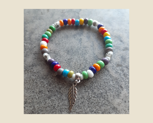 Candy-Licious Vibrantly Coloured Stretch Style Bracelet with 3D Tiny Detailed Silver Leaf Charm