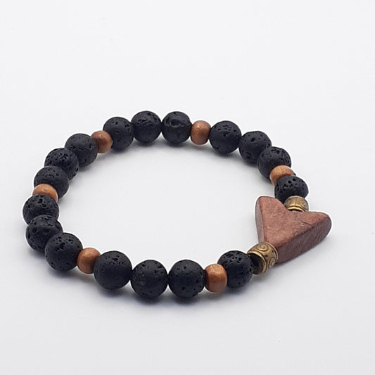 Carved Rustic Wooden Focal Pendant Black Lava Stone Stretch Bracelet