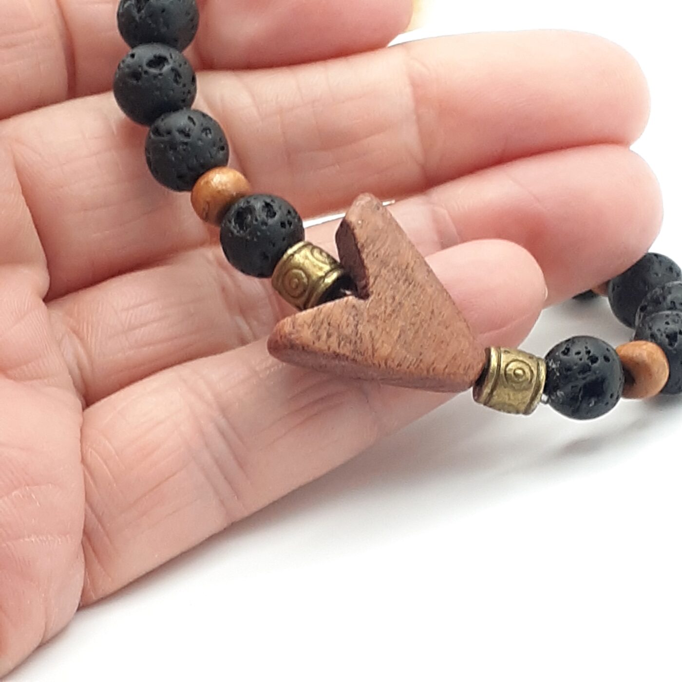 Carved Rustic Wooden Focal Pendant Black Lava Stone Stretch Bracelet