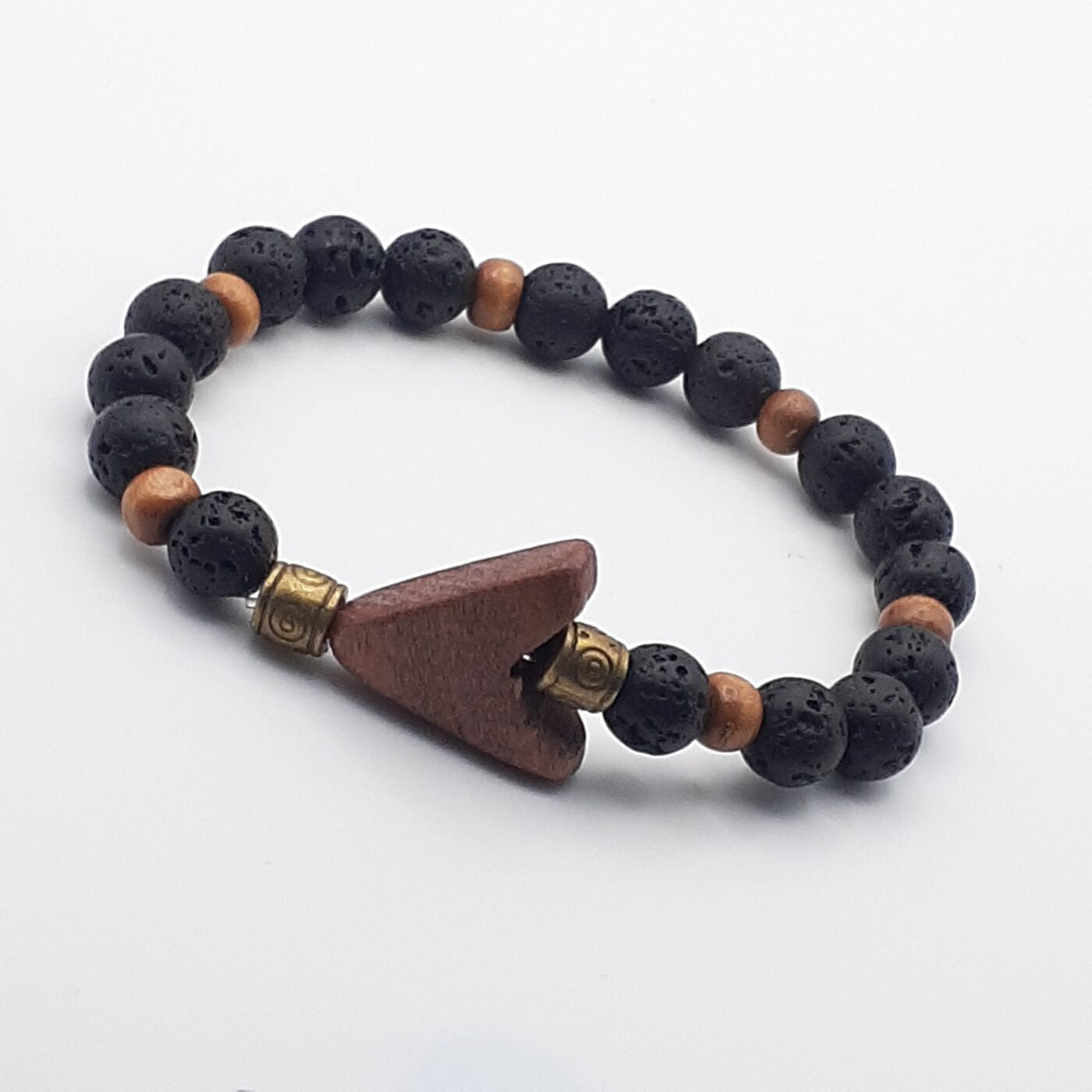 Carved Rustic Wooden Focal Pendant Black Lava Stone Stretch Bracelet
