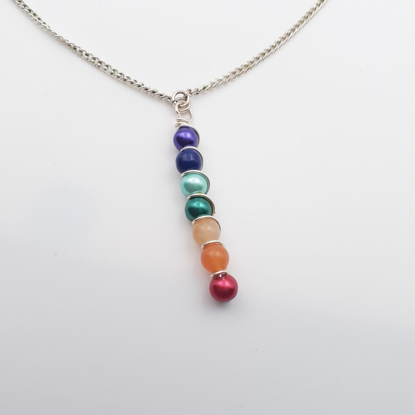 Chakra Colourful Pearl Bead Pendant Chain Necklace 17 inch silver non-tarnish