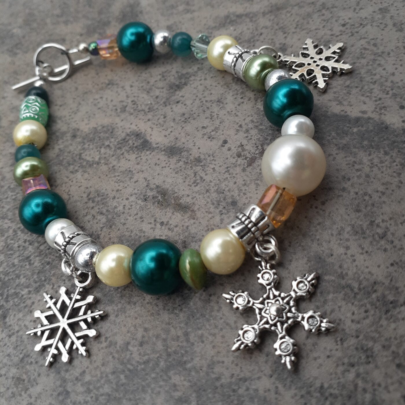 Christmas Bead Soup Bracelet with Pearls Crystals and Tibetan Silver 3D Snowflake Charms