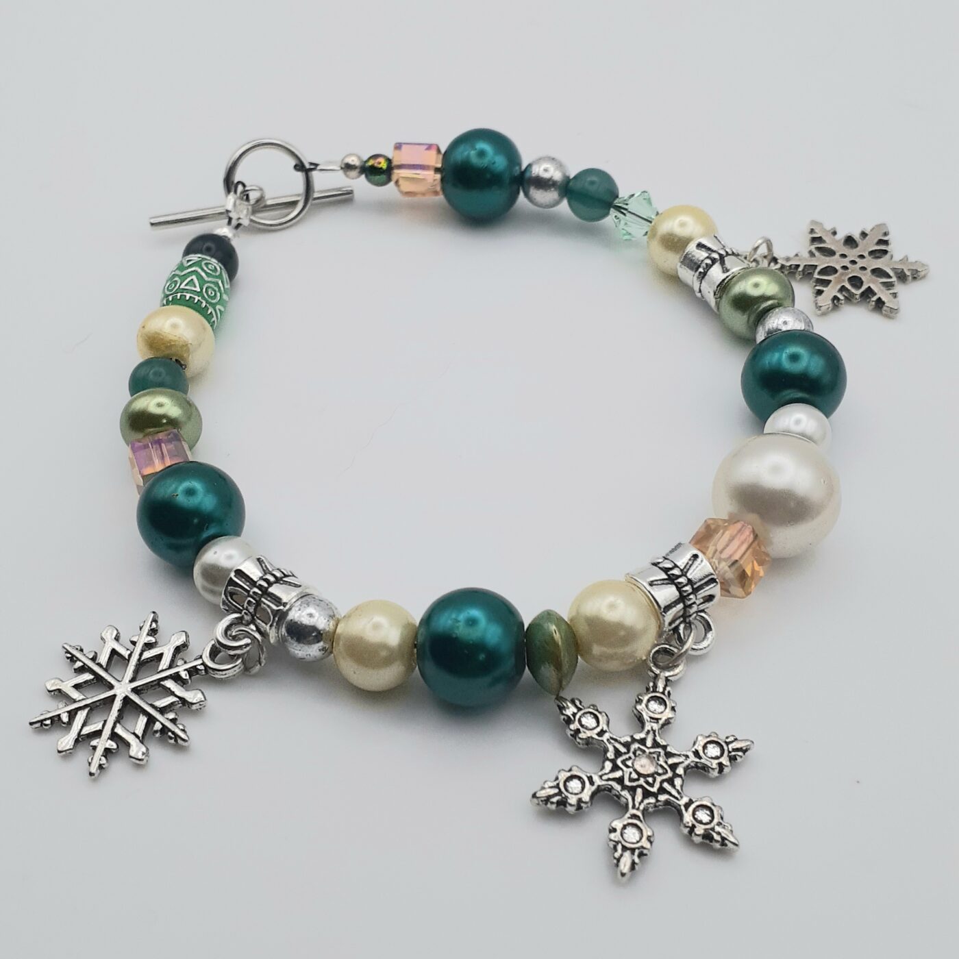 Christmas Bead Soup Bracelet with Pearls Crystals and Tibetan Silver 3D Snowflake Charms