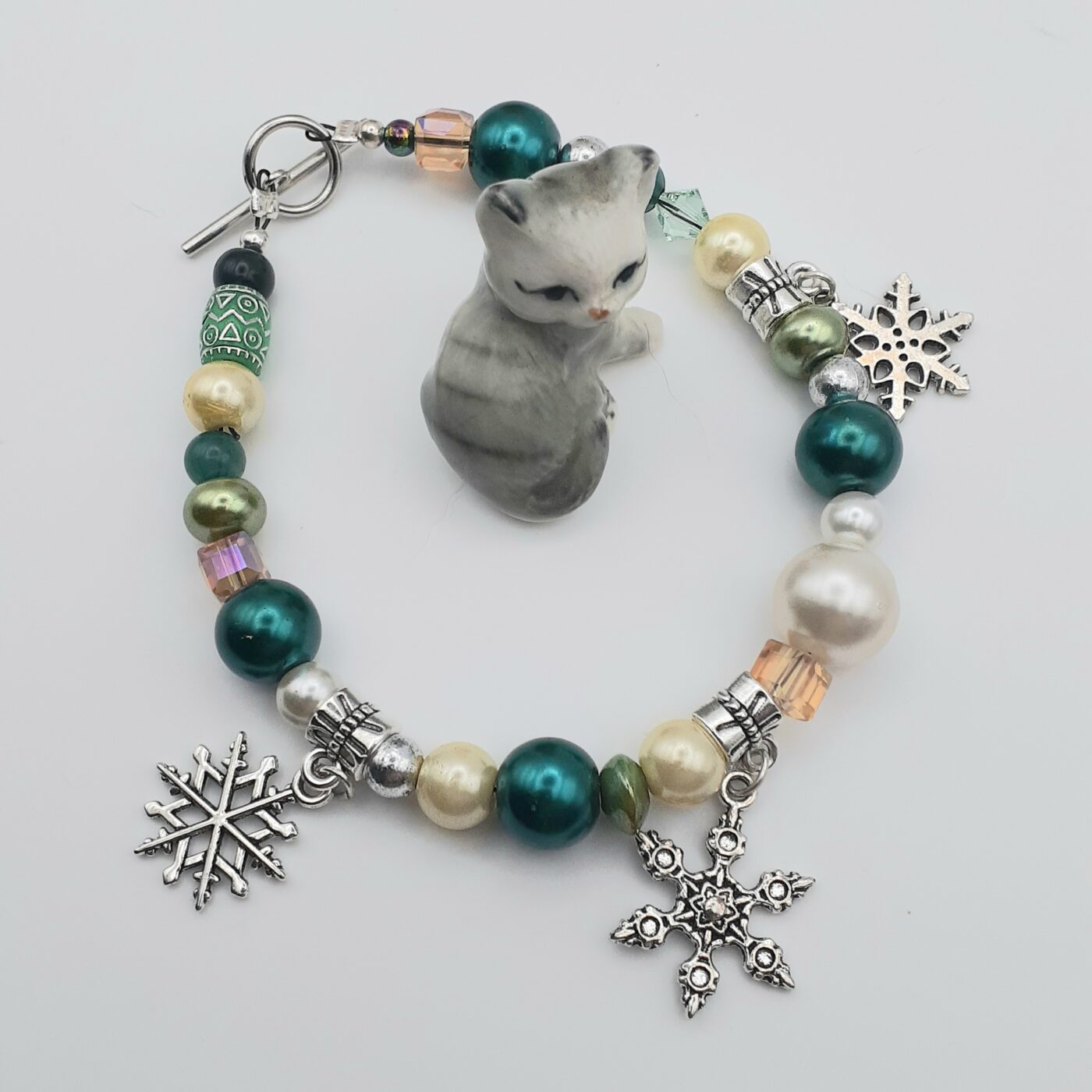 Christmas Bead Soup Bracelet with Pearls Crystals and Tibetan Silver 3D Snowflake Charms