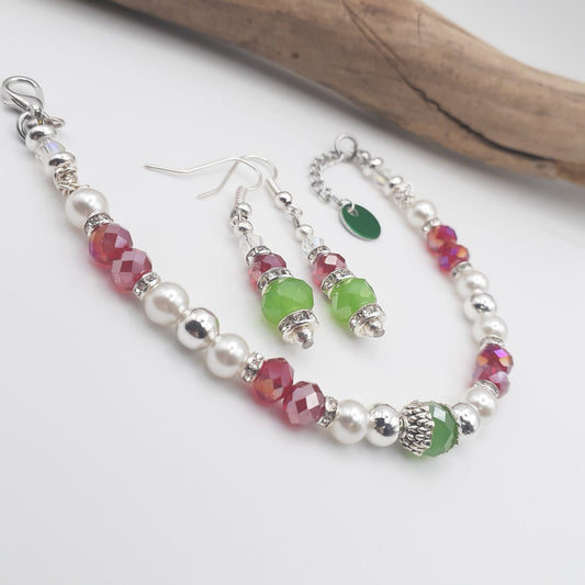 Christmas Colours Crystal Beaded Bracelet and Earrings set