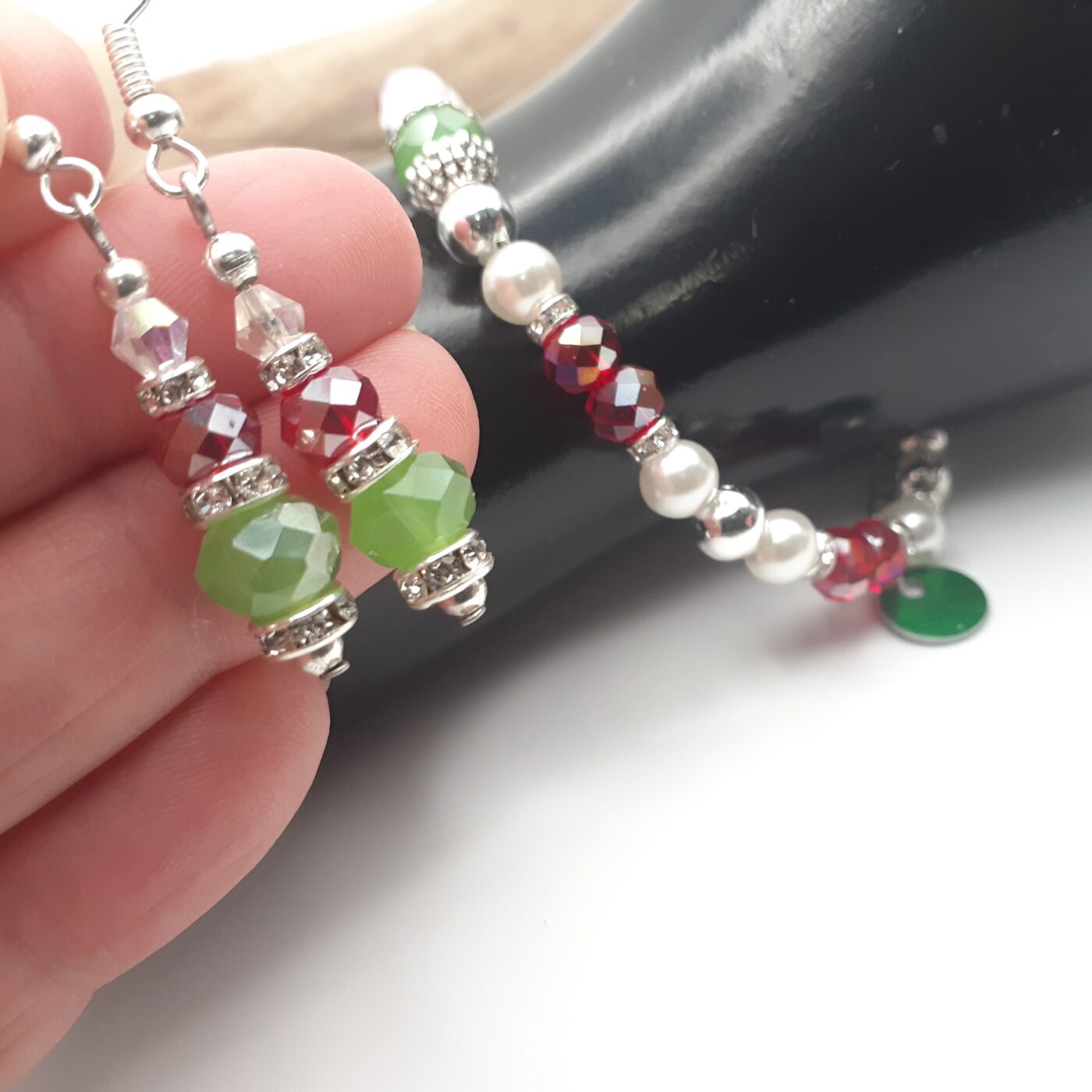Christmas Colours Crystal Beaded Bracelet and Earrings set