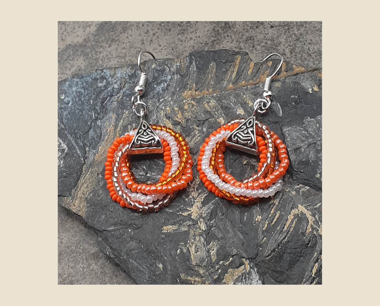 Citrus Swirl Earrings with Bright Orange and Pure White Czech Seed Beads