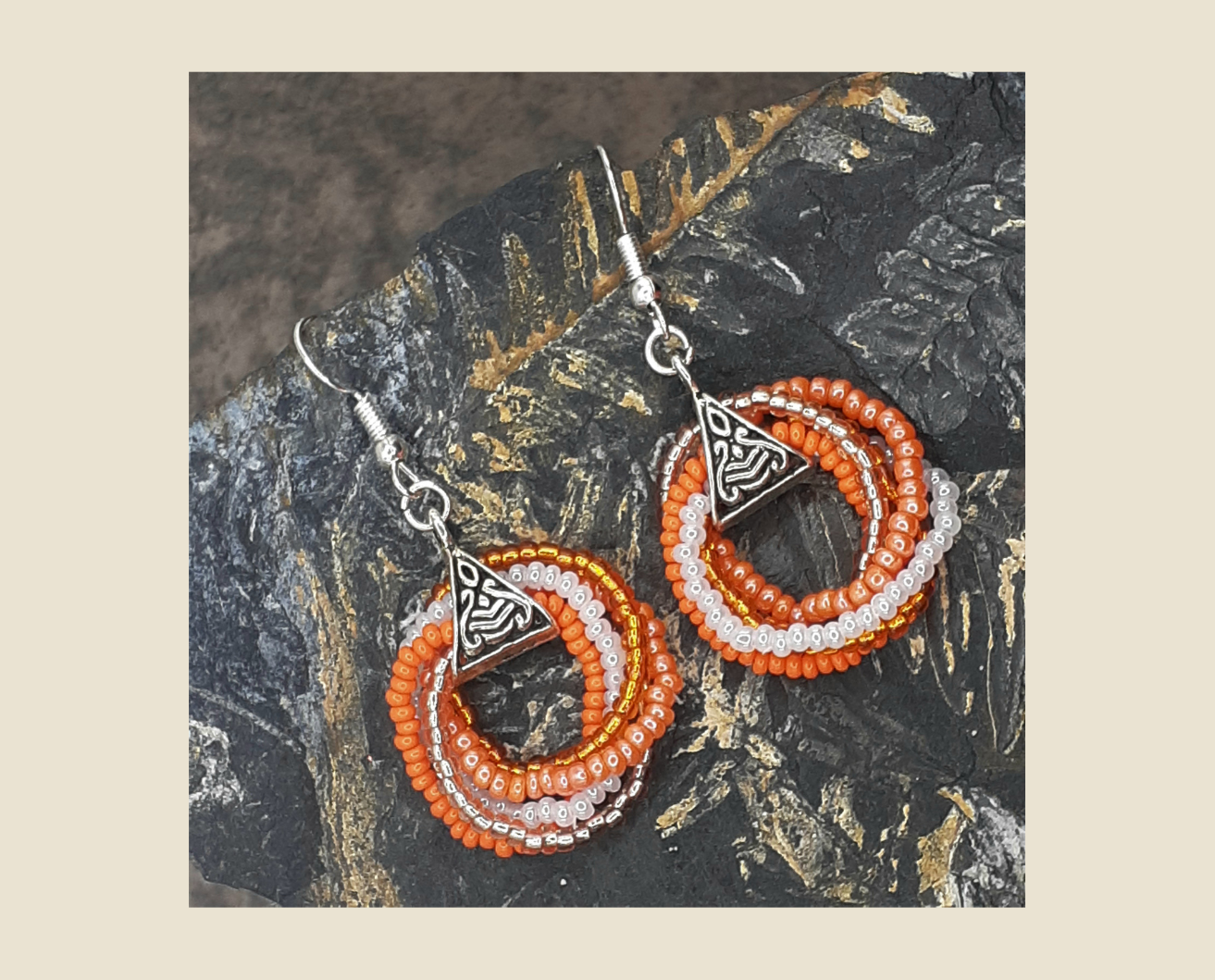 Citrus Swirl Earrings with Bright Orange and Pure White Czech Seed Beads