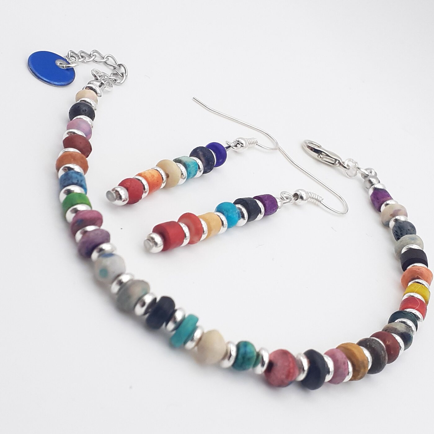Colourful earthy bohemian style thin beaded bracelet and matching earrings