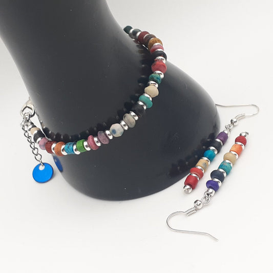 Colourful earthy bohemian style thin beaded bracelet and matching earrings