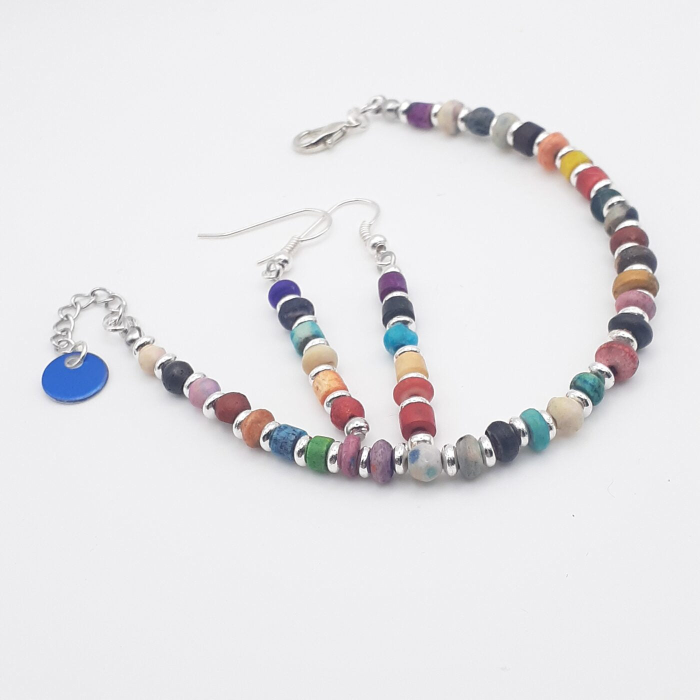 Colourful earthy bohemian style thin beaded bracelet and matching earrings