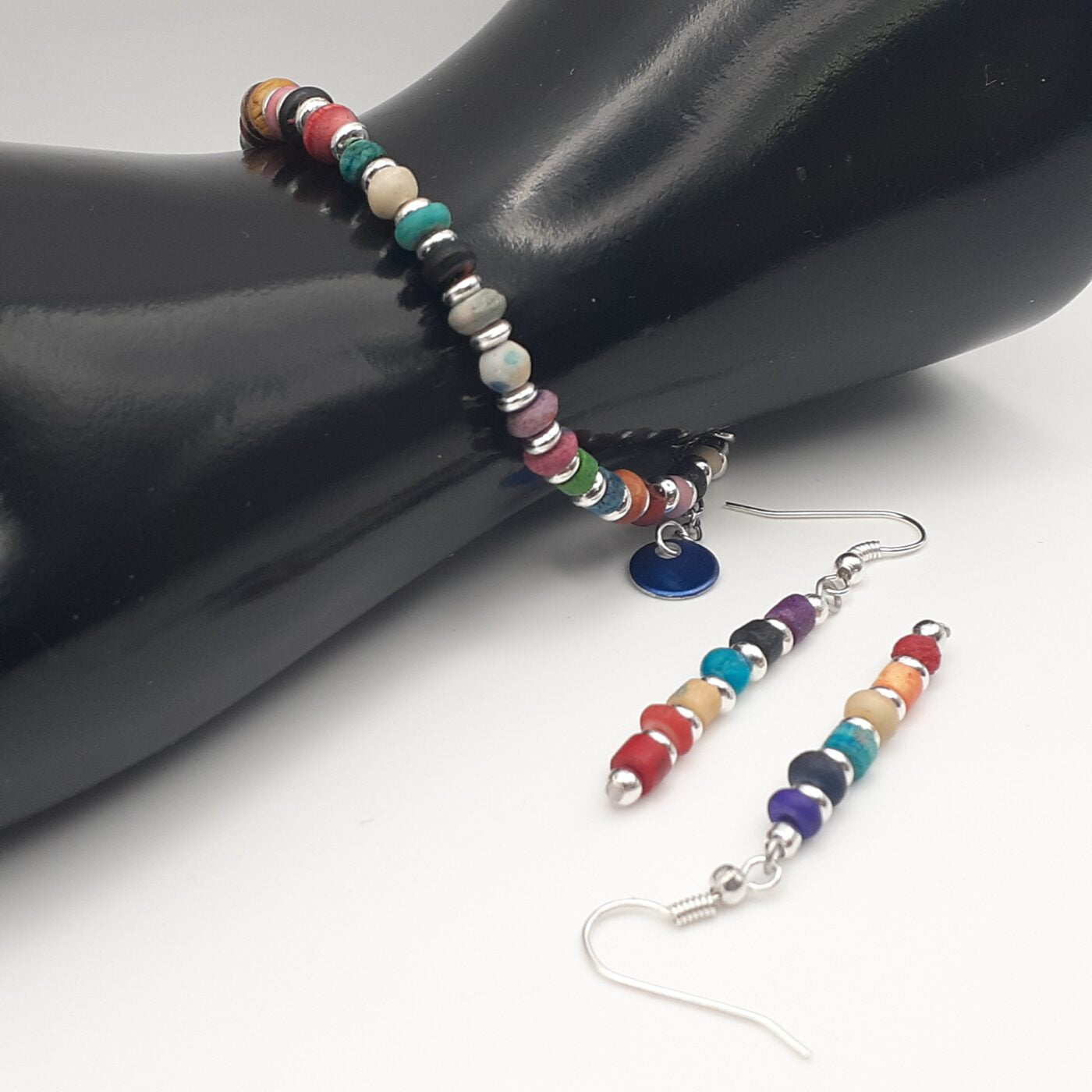 Colourful earthy bohemian style thin beaded bracelet and matching earrings