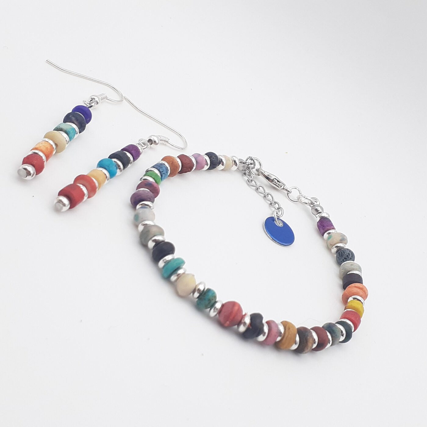 Colourful earthy bohemian style thin beaded bracelet and matching earrings