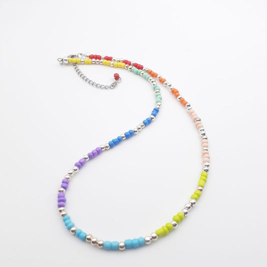 Colourful Short Seed Bead Necklace in Bands of Brilliant Colours and Silver Spacer Beads