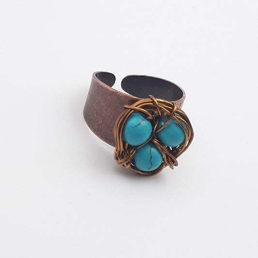 Copper Bird Nest Ring Wire Wrapped with Turquoise Howlite Beads Adjustable Wide Band