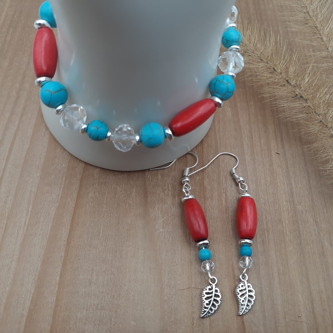 Crimson Tide Earrings and Stretch Beaded Bracelet Jewellery Set in Red Wood and Dyed Turquoise Howlite Stone and Clear Crystal with Silver Leaf Charms