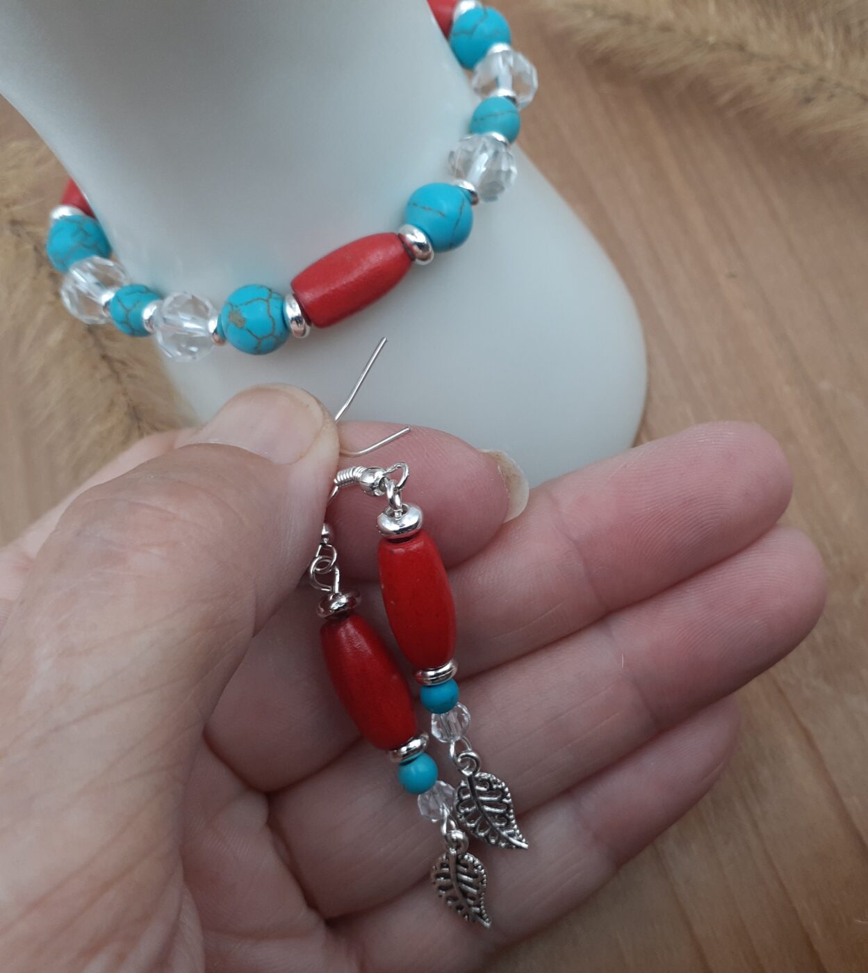 Crimson Tide Earrings and Stretch Beaded Bracelet Jewellery Set in Red Wood and Dyed Turquoise Howlite Stone and Clear Crystal with Silver Leaf Charms