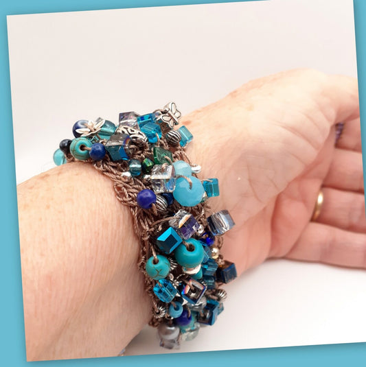 Crochet Bead Soup Blue Beaded Cuff Bracelet