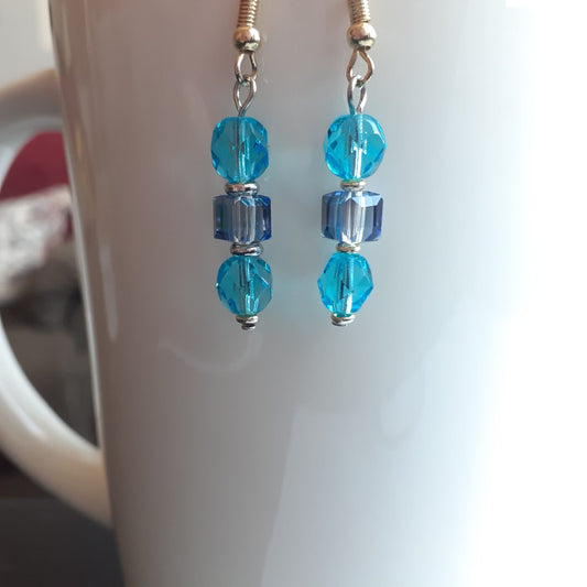 Crystal Blue Faceted Glass Round and Square Cube Bead Dangle Earrings
