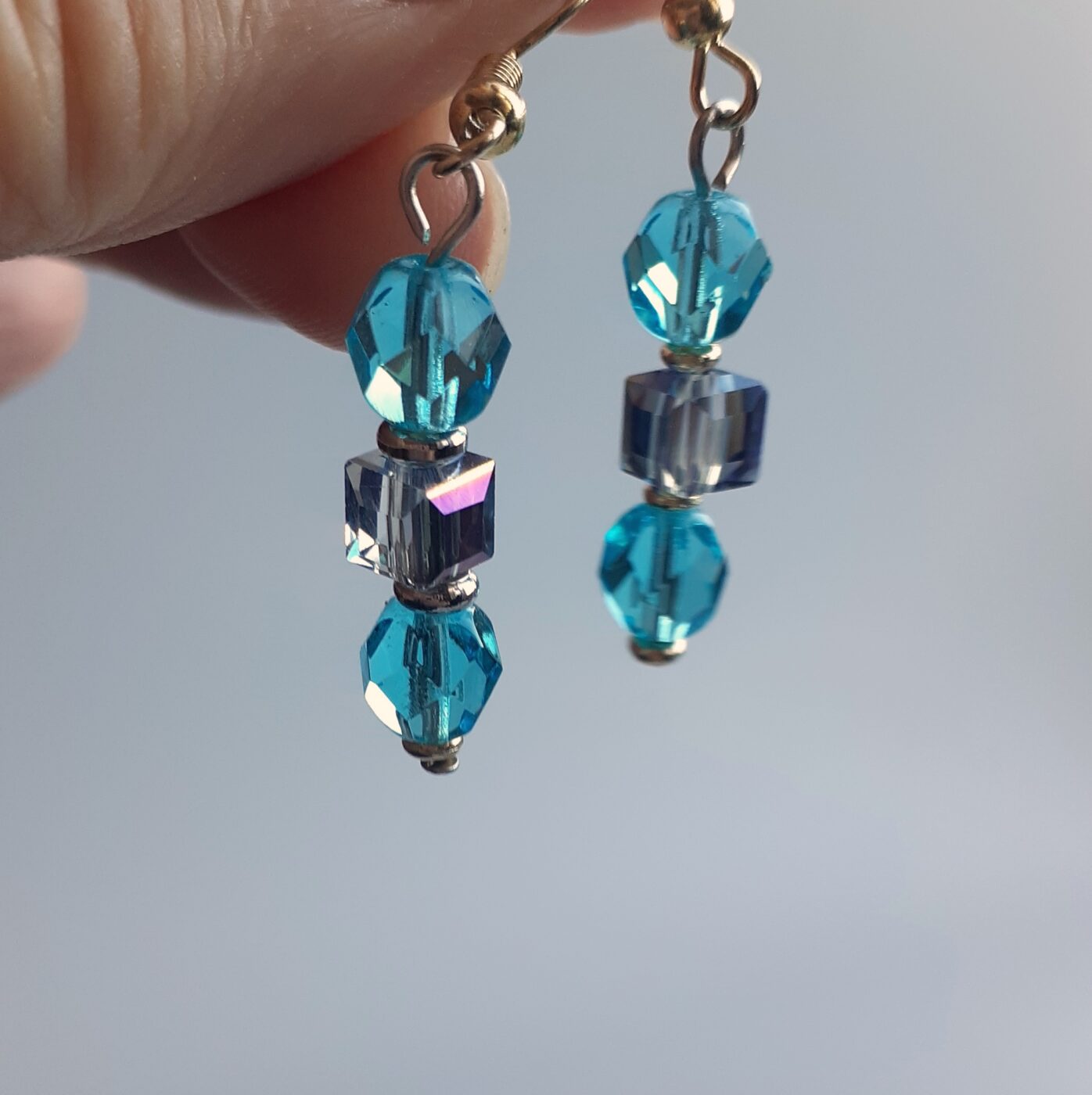 Crystal Blue Faceted Glass Round and Square Cube Bead Dangle Earrings