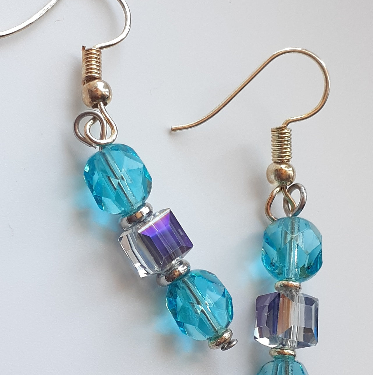 Crystal Blue Faceted Glass Round and Square Cube Bead Dangle Earrings