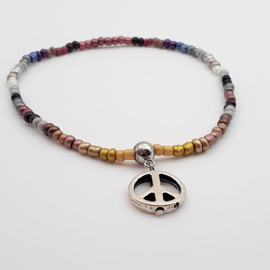 Earth Tones Neutral Shades of Browns, Coppers, Golds, and Black Seed Bead Stretch-Style Peace Sign Charm Anklet