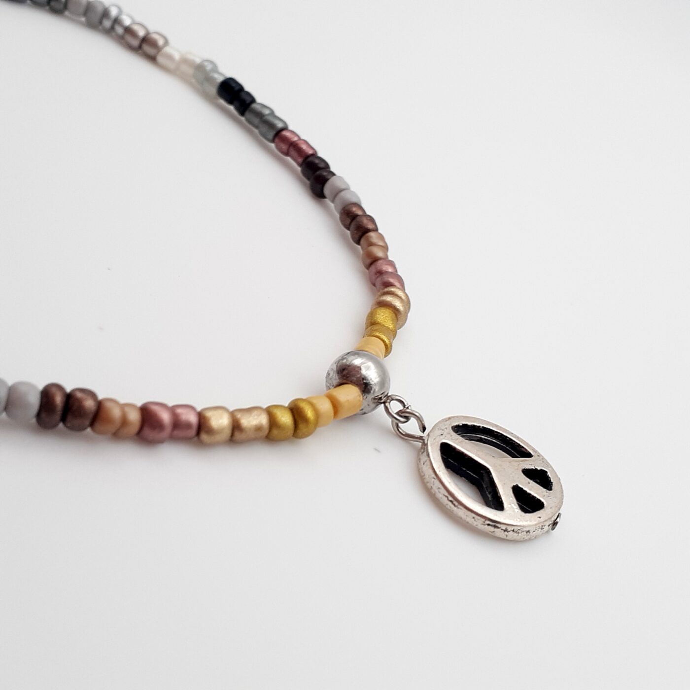 Earth Tones Neutral Shades of Browns, Coppers, Golds, and Black Seed Bead Stretch-Style Peace Sign Charm Anklet