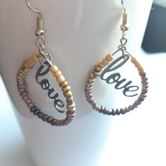 Earthy Neutral Colour Seed Bead Hoop Earrings with LOVE