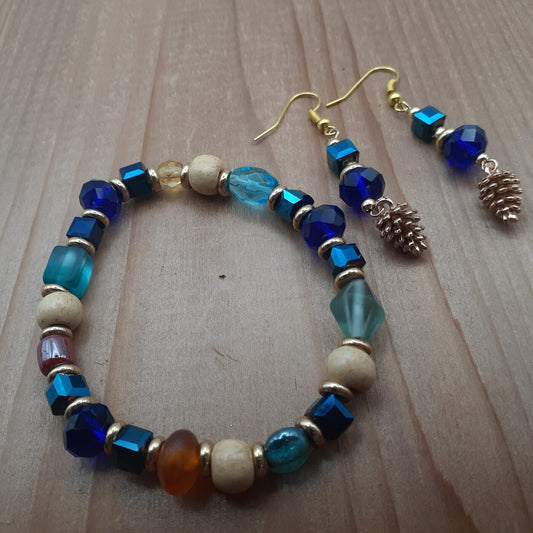 Electric Blues Glass Beaded Earrings and Stretch Bracelet Set with Tibetan Silver Highly Detailed 3D Tiny Pinecone Charms
