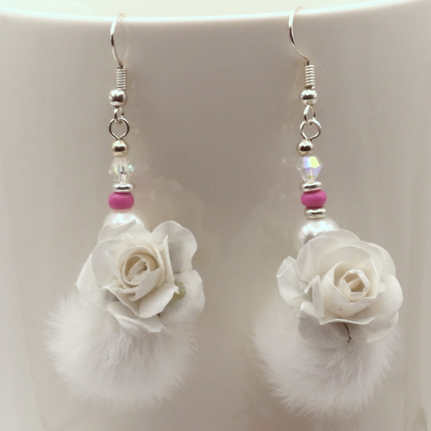 Elegant Faux Fur Paper White Rose Earrings