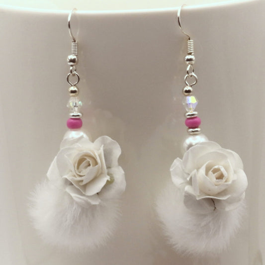 Elegant Faux Fur Paper White Rose Earrings