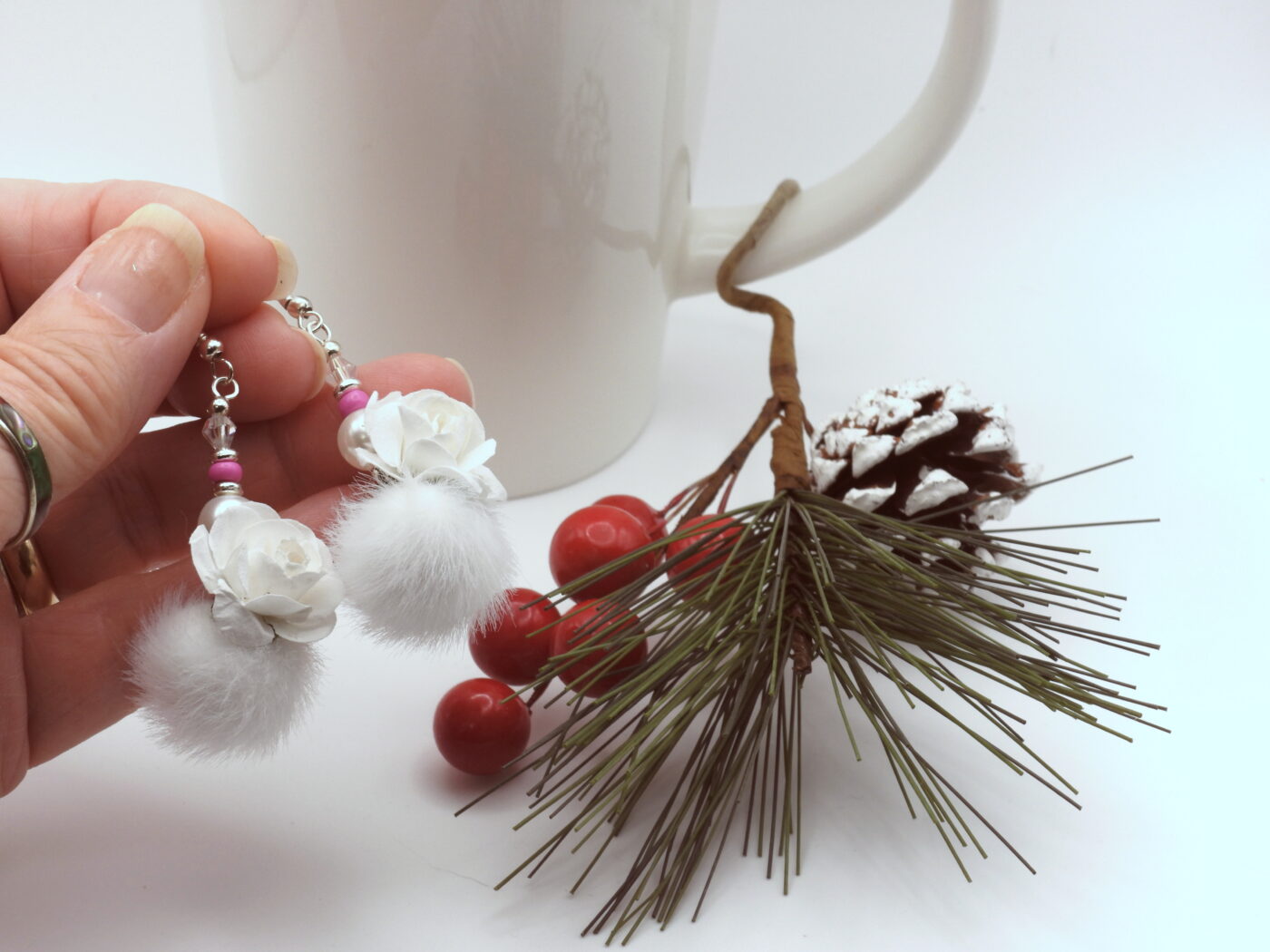 Elegant Faux Fur Paper White Rose Earrings