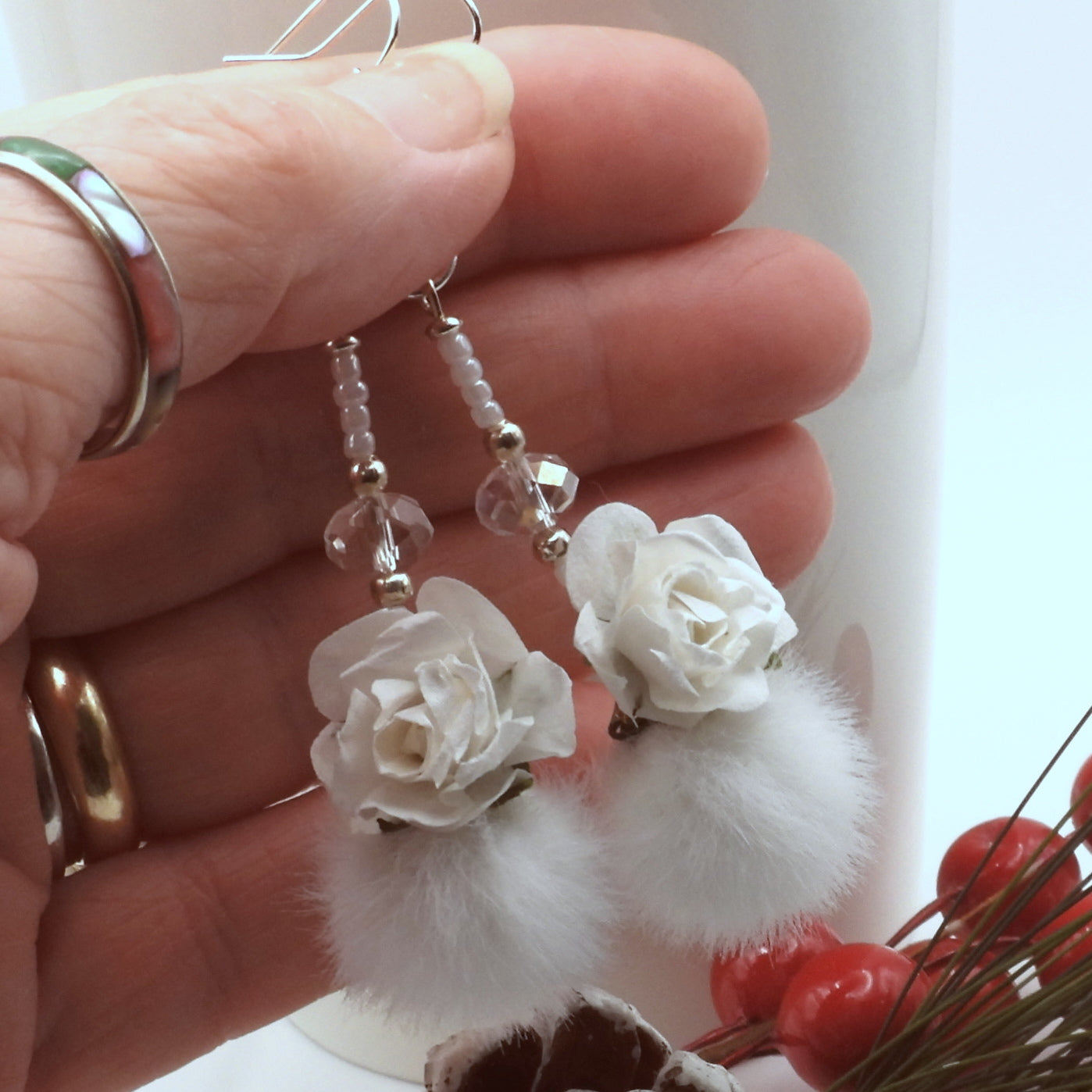 Elegant White Faux Fur Pom Pom and White Paper Rose Earrings